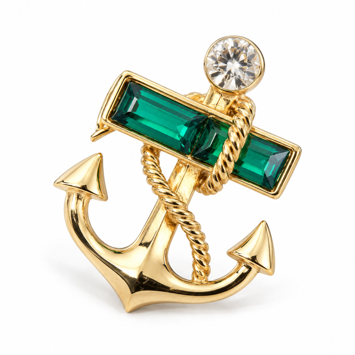 Broche ancre ornée, finition dorée, alliage métallique
