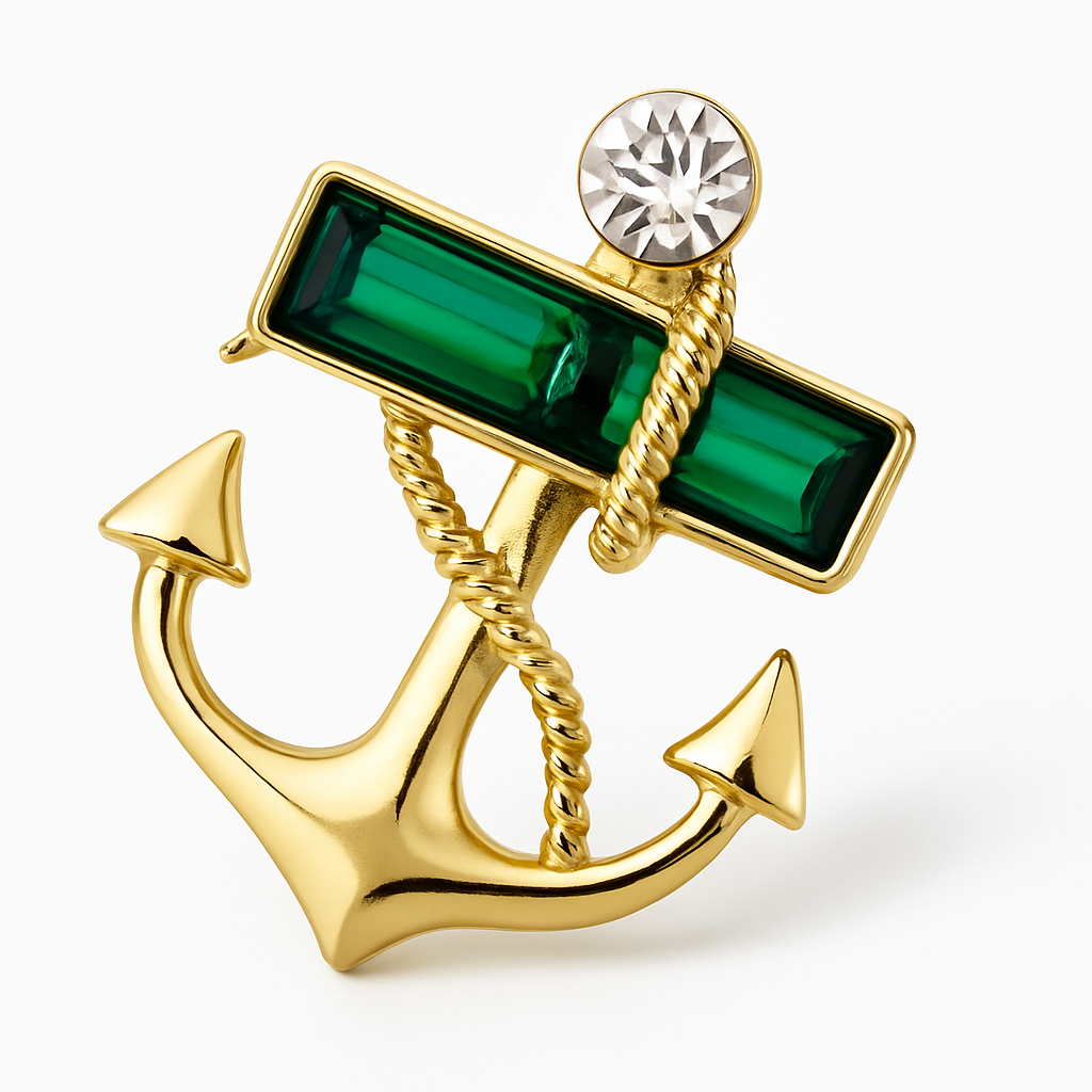 Broche ancre ornée, finition dorée, alliage métallique