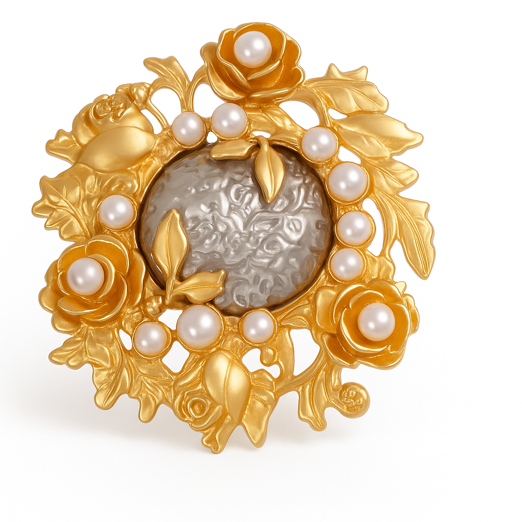 Broche baroque florale, finition dorée, alliage métallique