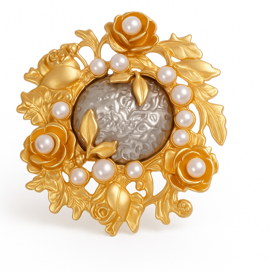 Broche baroque florale, finition dorée, alliage métallique