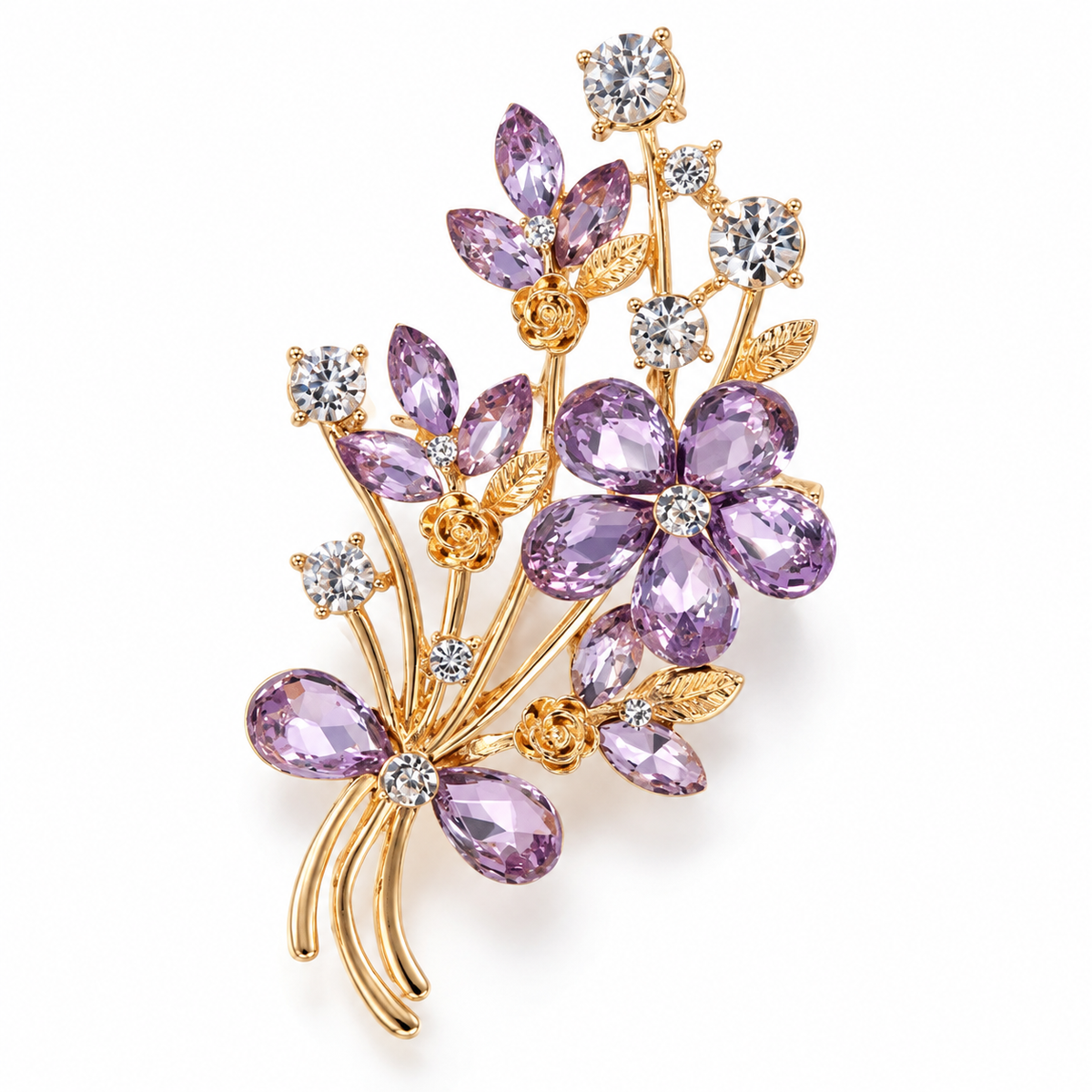 Broche bouquet floral, finition dorée, alliage métallique