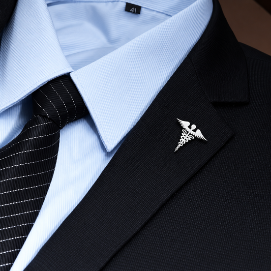 Broche caducée portée sur une tenue