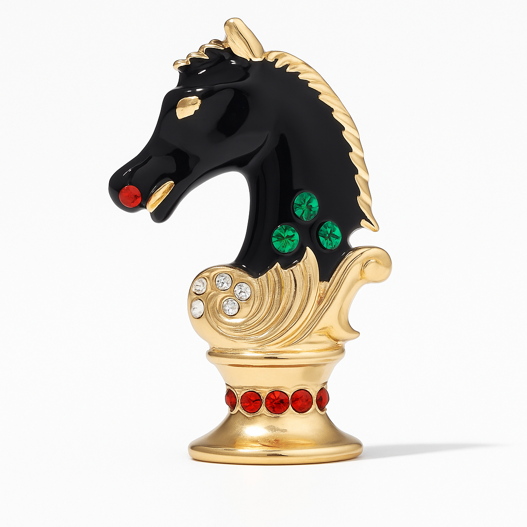 Broche cavalier, finition dorée, alliage métallique