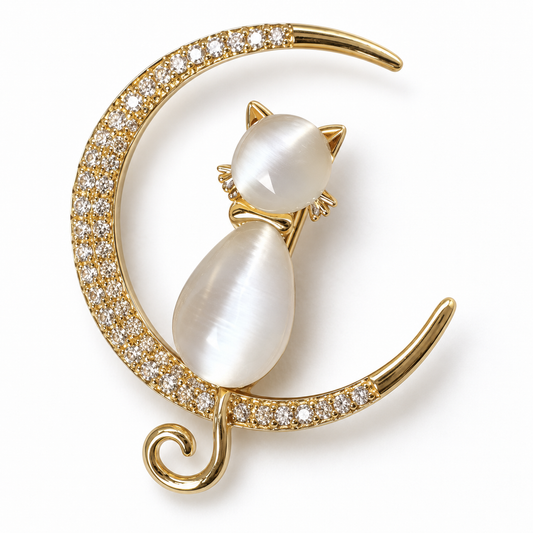 Broche chat luné, finition dorée, alliage métallique