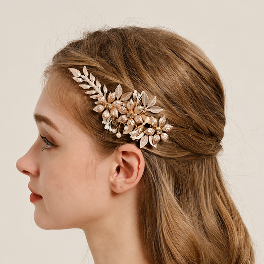 Broche cheveux Rosée d’Aurore portée sur une tenue