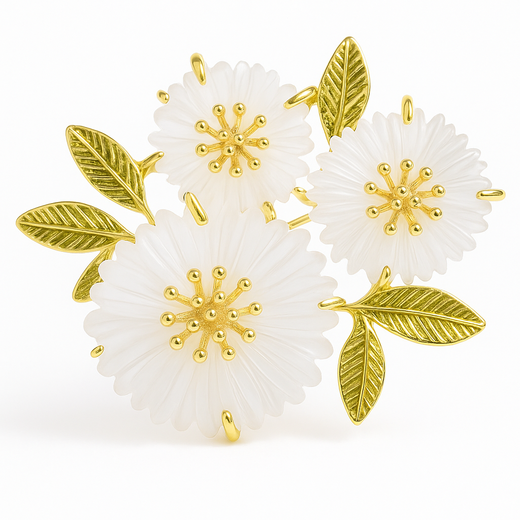 Broche chrysanthème blanc, finition dorée, alliage métallique
