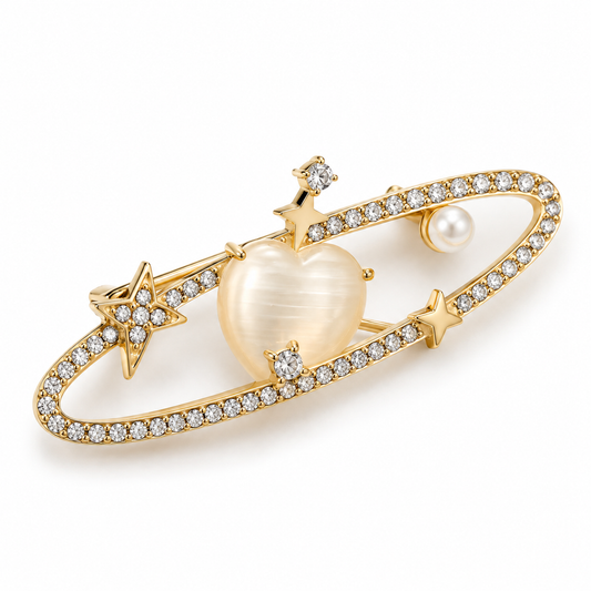 Broche cœur cosmique, finition dorée, alliage métallique