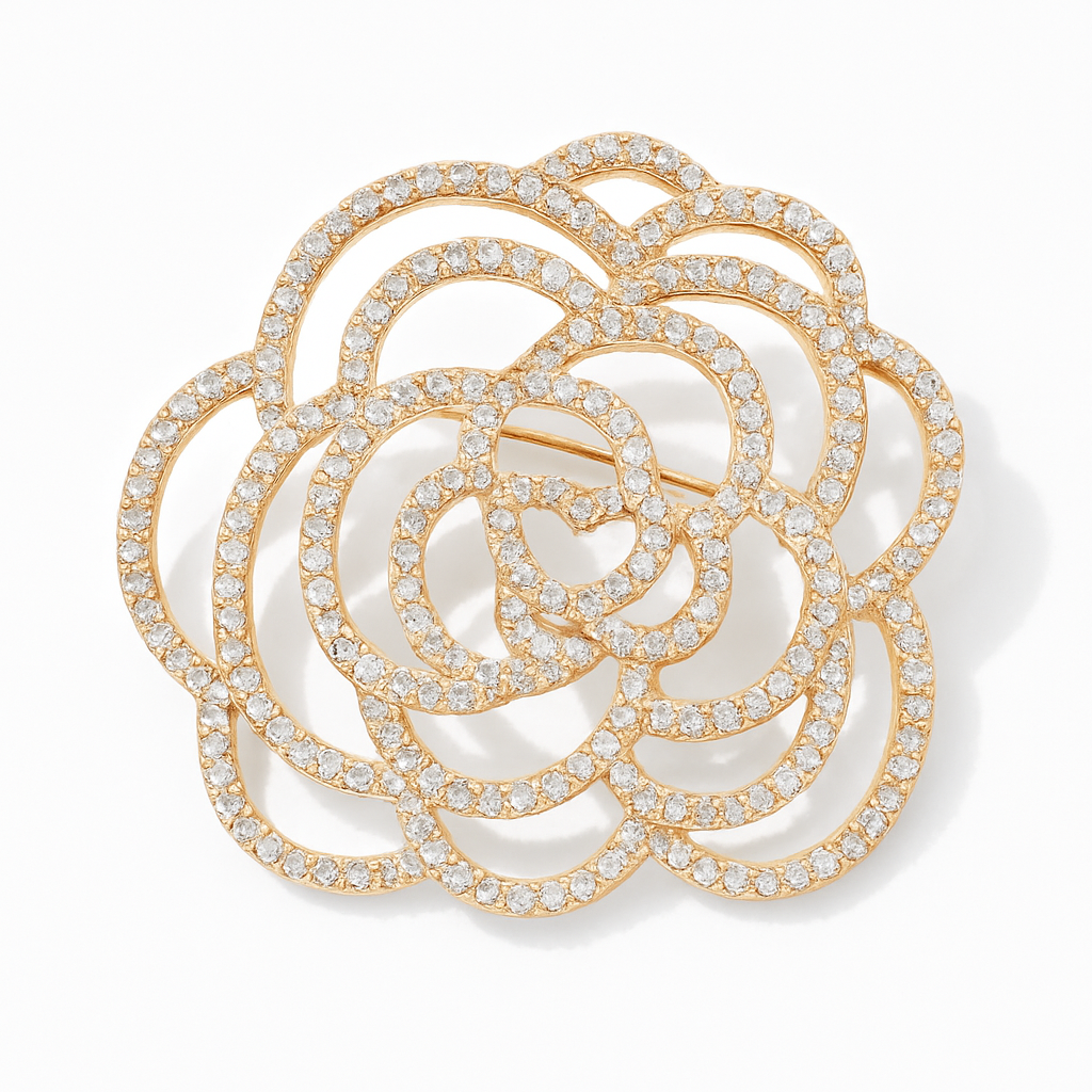Broche cœur fleuri, finition dorée, alliage métallique