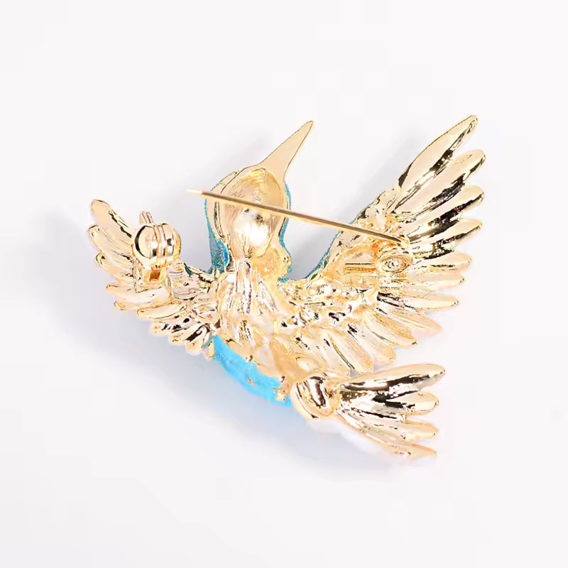 Broche colibri azur vue de dos, fermoir épingle