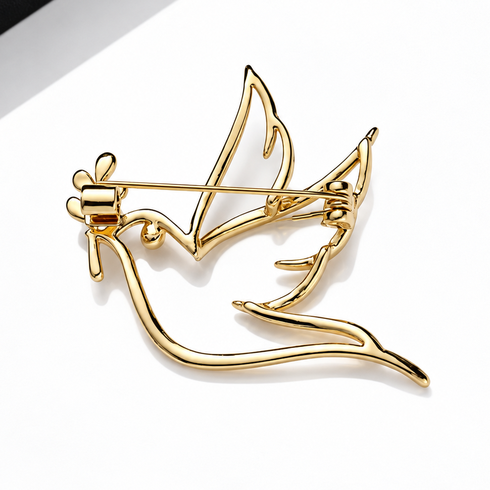 Broche colombe rameau vue de dos, fermoir épingle