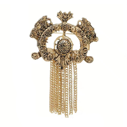 Broche couronne byzantine, finition dorée, alliage métallique