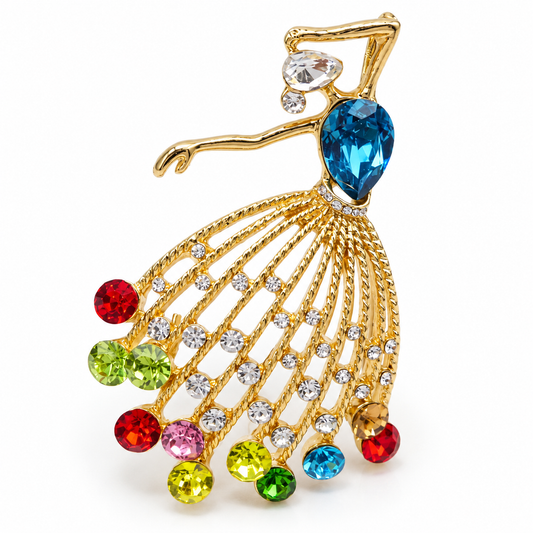 Broche danseuse arc-en-ciel, finition dorée, alliage métallique