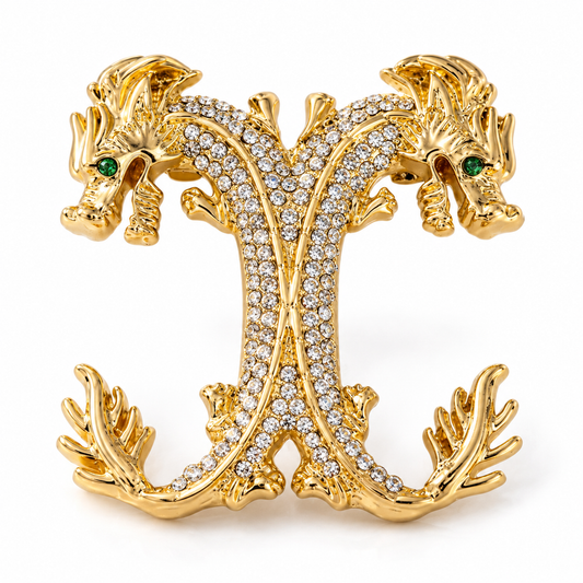 Broche dragons jumeaux, finition dorée, alliage métallique