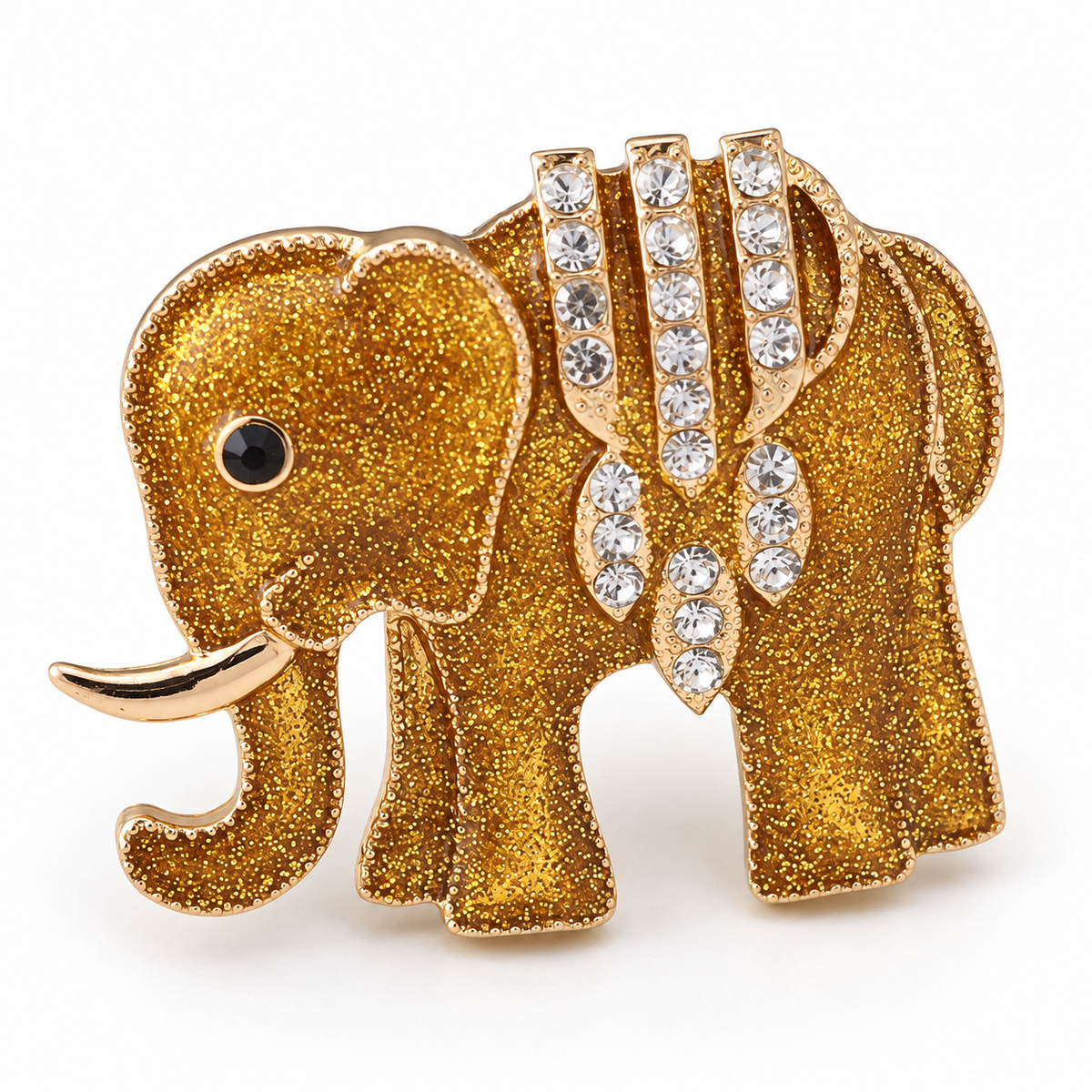 Broche éléphant orné, finition dorée, alliage métallique