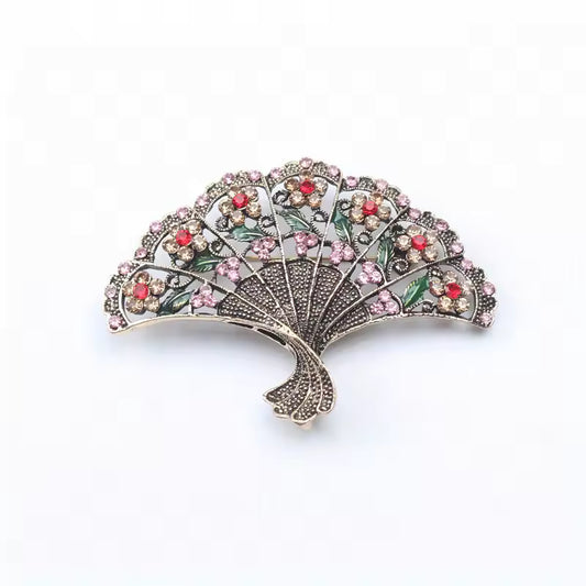 Broche éventail fleuri, alliage métallique