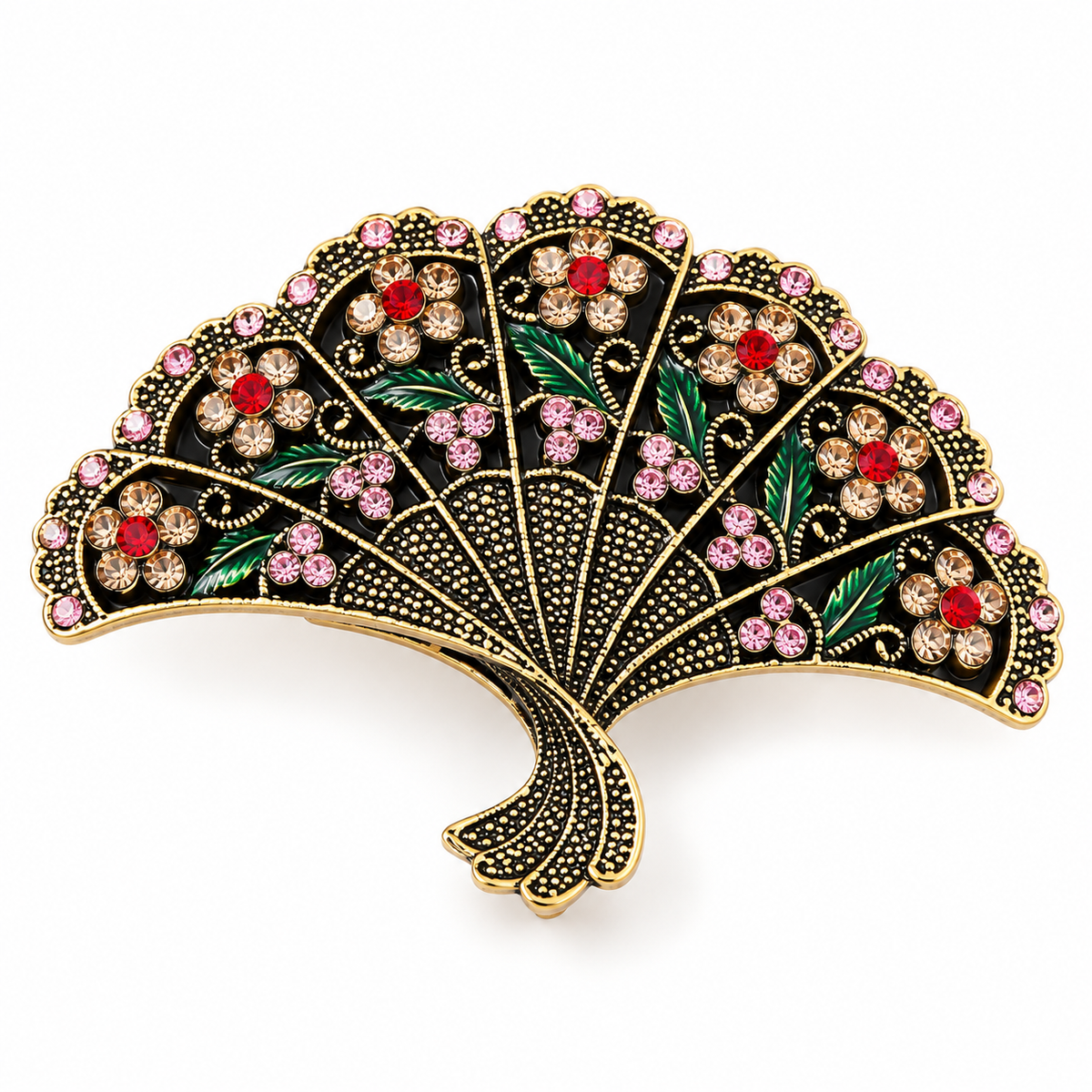 Broche éventail fleuri, alliage métallique