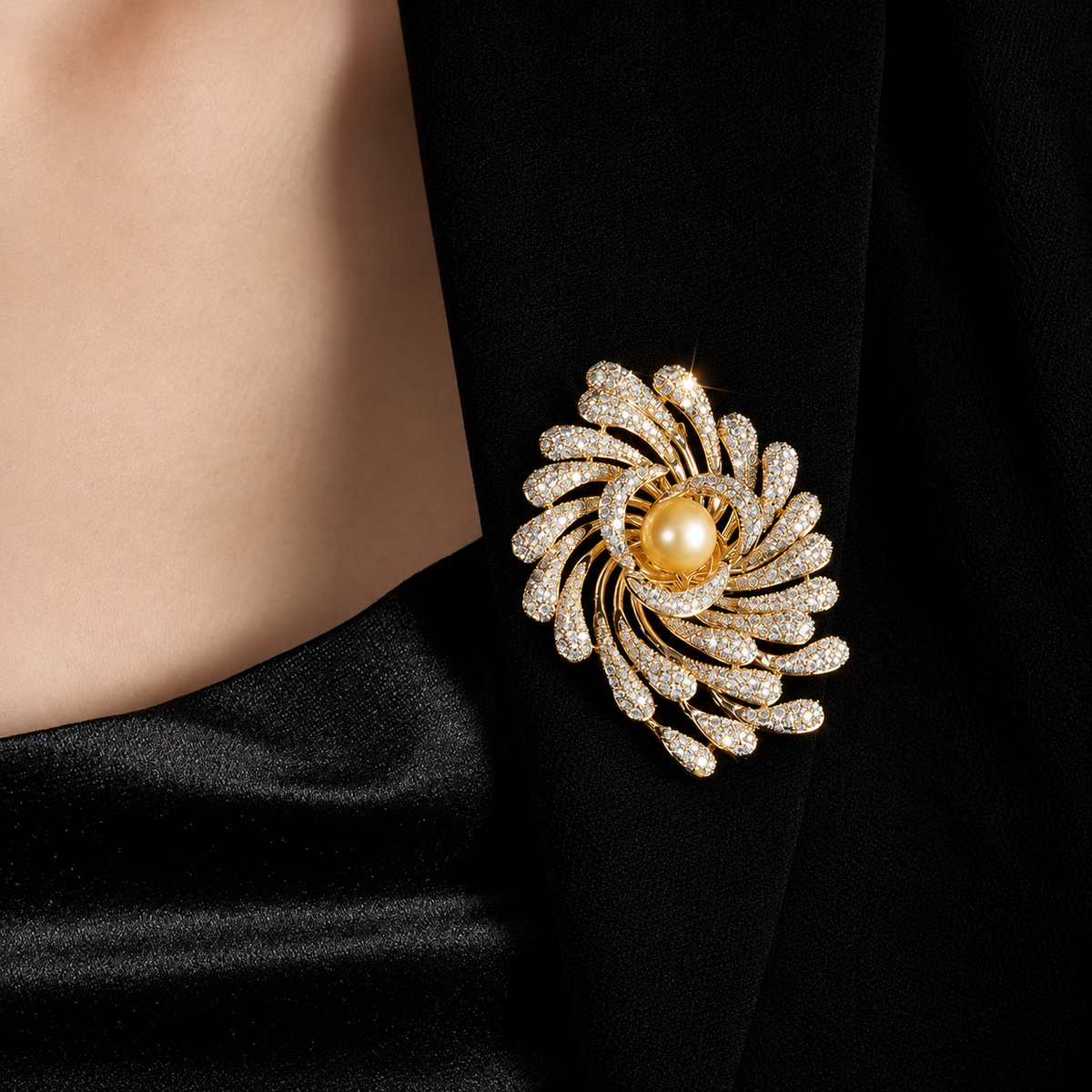 Broche fleur galactique portée sur une tenue