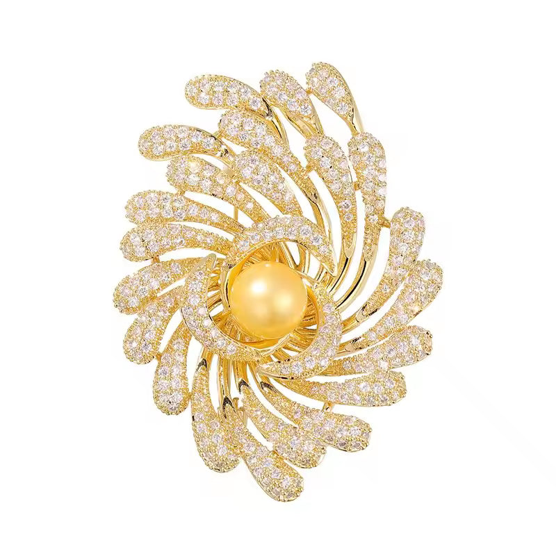 Broche fleur galactique, finition dorée, alliage métallique