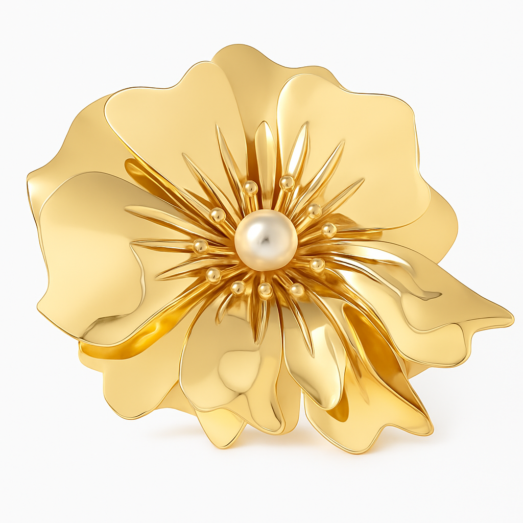 Broche fleur métallique, finition dorée, alliage métallique