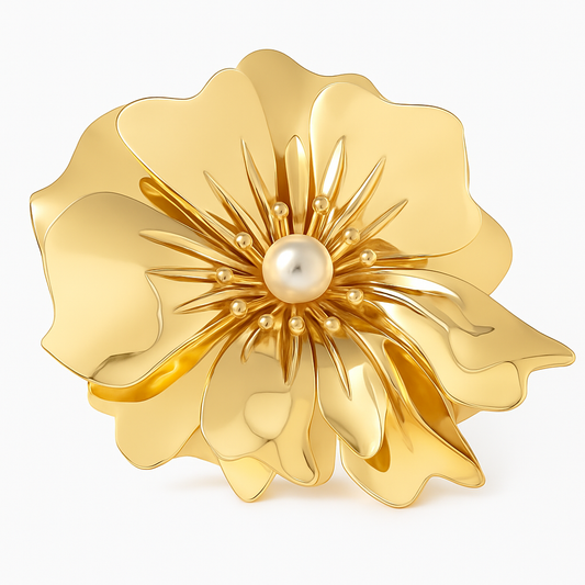 Broche fleur métallique, finition dorée, alliage métallique