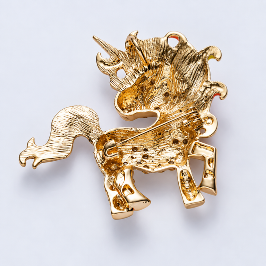 Broche licorne flamboyante vue de dos, fermoir épingle