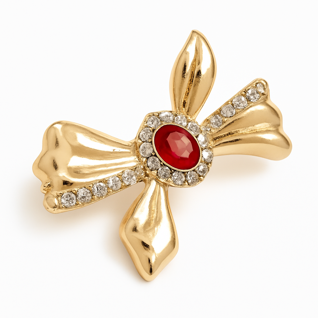 Broche nœud pierre rouge, finition dorée, alliage métallique