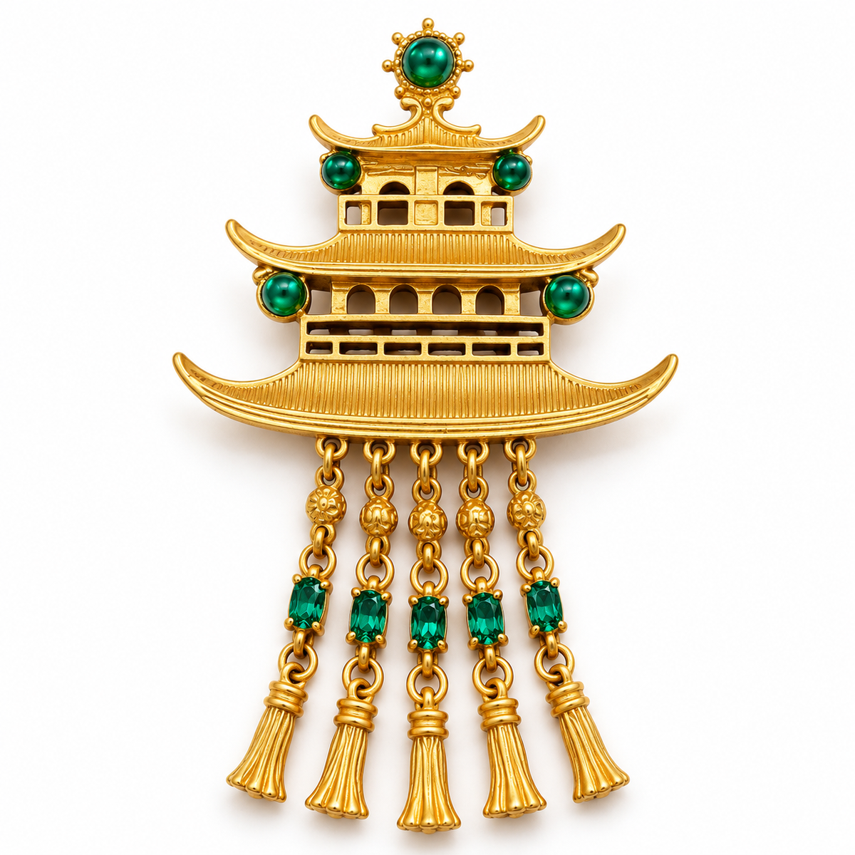 Broche pagode impériale, finition dorée, alliage métallique