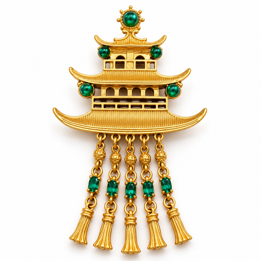 Broche pagode impériale, finition dorée, alliage métallique