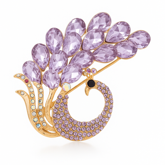 Broche paon scintillant, finition dorée, alliage métallique