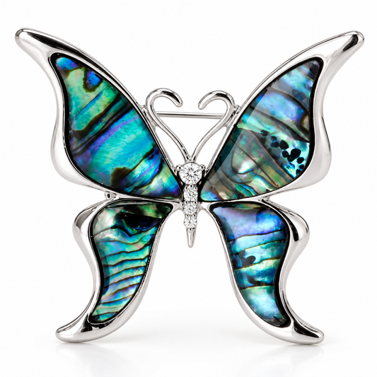 Broche papillon ailes d’abalone, finition argentée, alliage métallique