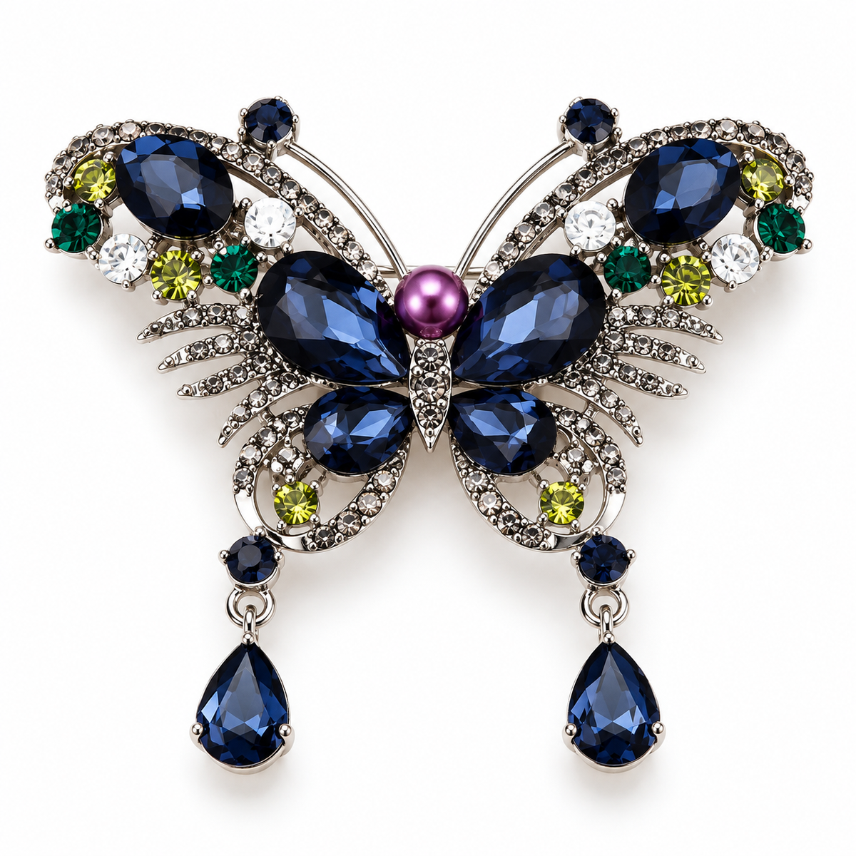 Broche papillon des joyaux, finition argentée, alliage métallique