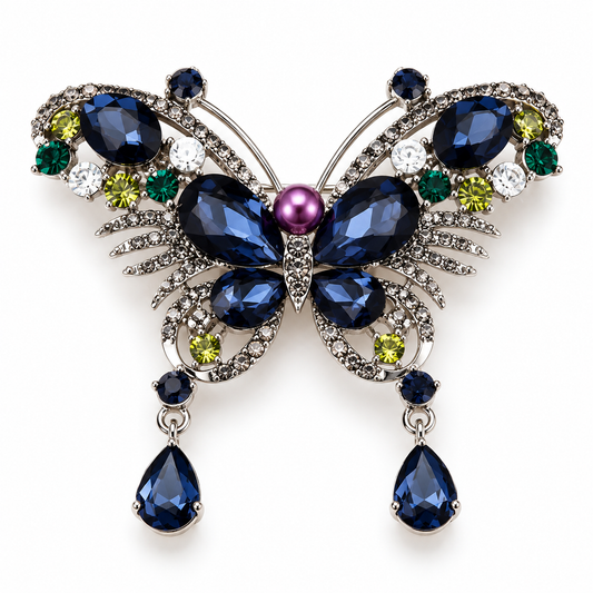Broche papillon des joyaux, finition argentée, alliage métallique