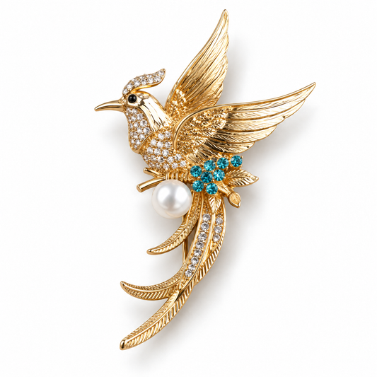 Broche phénix écarlate, finition dorée, alliage métallique