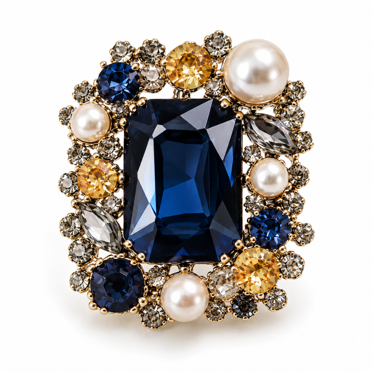 Broche pierre bleue royale, finition dorée, alliage métallique
