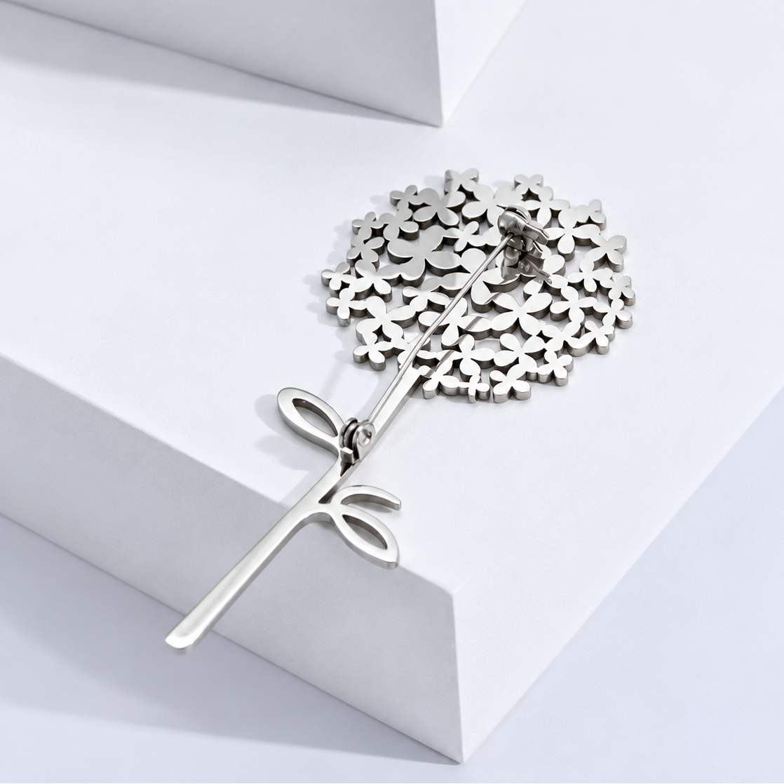 Broche pissenlit stellaire vue de dos, fermoir épingle
