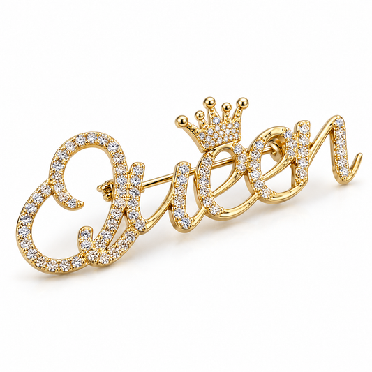 Broche Queen, finition dorée, alliage métallique