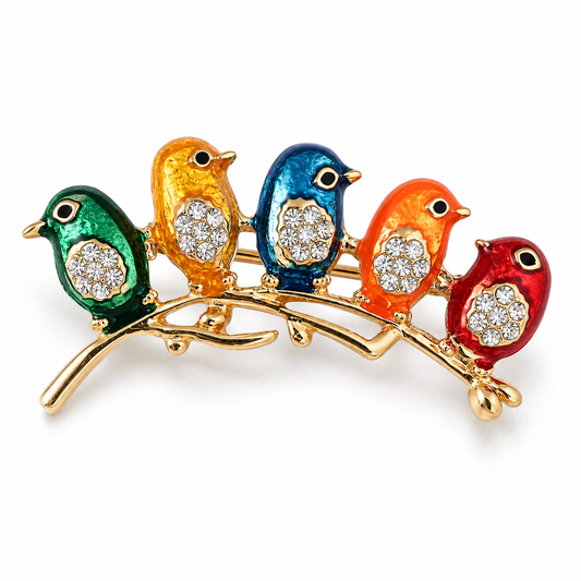 Broche ronde des oiseaux, finition dorée, alliage métallique