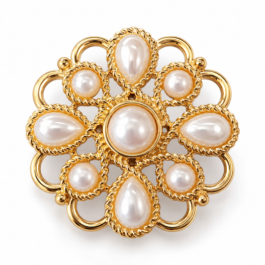 Broche rosace perlée, finition dorée, alliage métallique