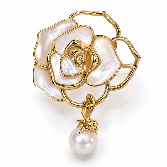 Broche rose nacrée perlée, finition dorée, alliage métallique