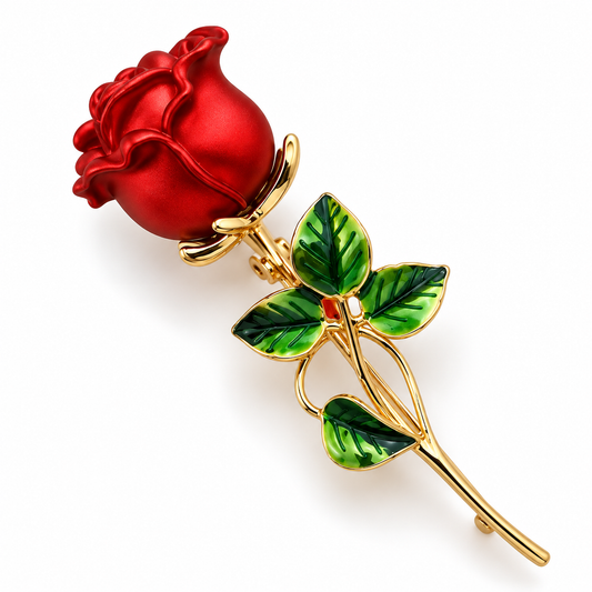 Broche rose rouge, finition dorée, alliage métallique