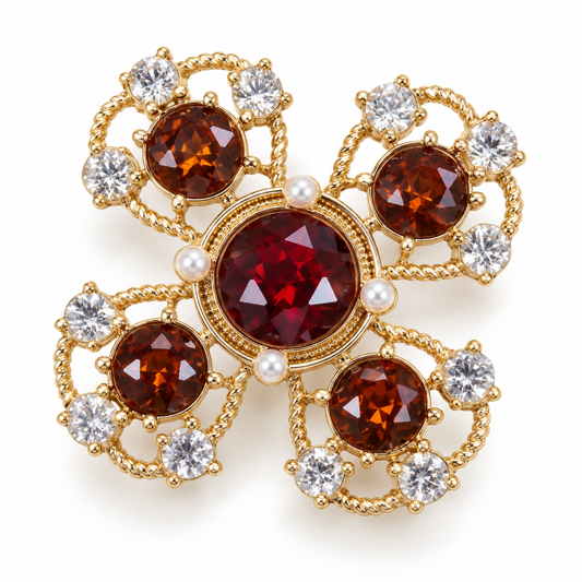 Broche rubis prestige, finition dorée, alliage métallique