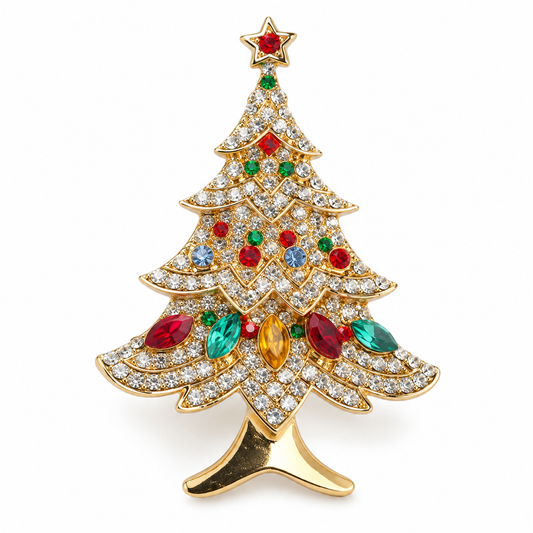 Broche sapin étoilé, finition dorée, alliage métallique