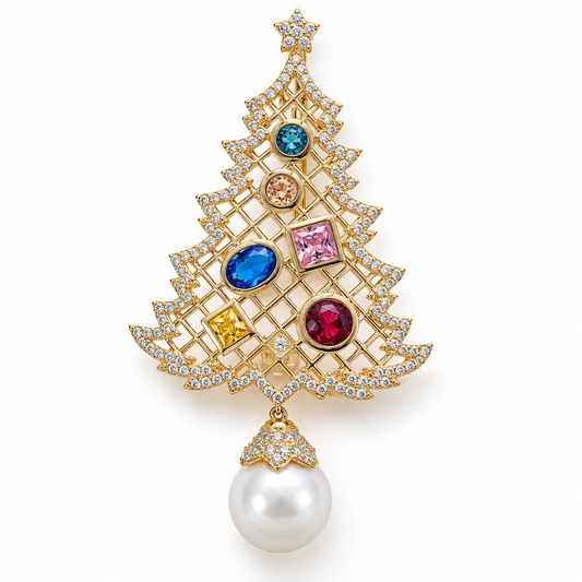 Broche sapin joyau, finition dorée, alliage métallique