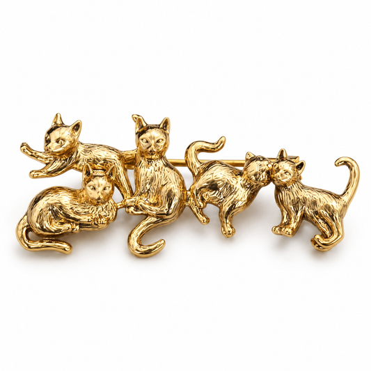 Broche tribu des chats, finition dorée, alliage métallique