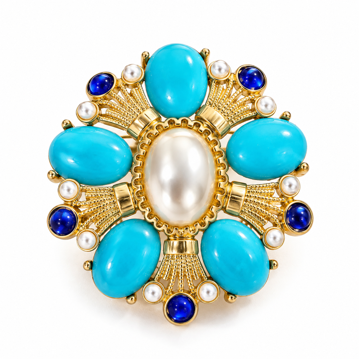 Broche turquoise perles royales, alliage métallique