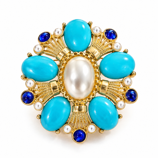 Broche turquoise perles royales, alliage métallique