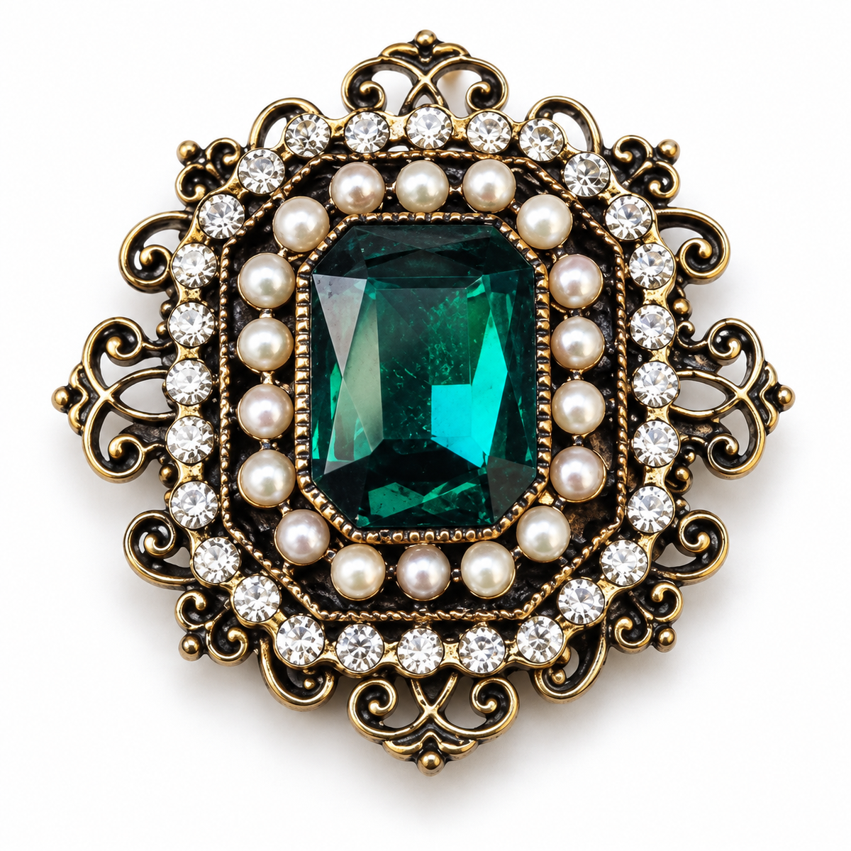 Broche vintage baroque, finition dorée, alliage métallique